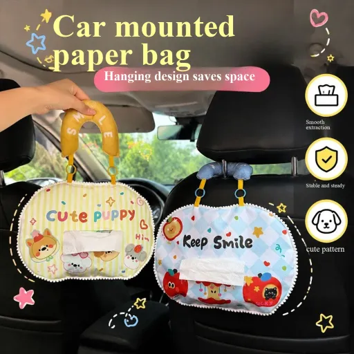 Sac à mouchoirs de voiture en toile Oxford de luxe, boîte de mouchoirs en forme de dessin animé mignon, plusieurs modèles IP disponibles, style suspendu à l'appui-tête.