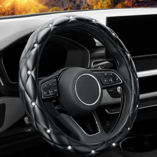 Housse de volant diamantée de luxe à motif losange, strass 3D universels pour amélioration de l'intérieur automobile