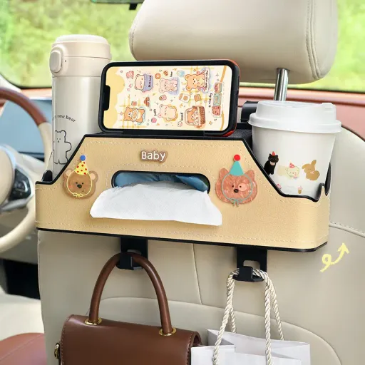 Boîte de rangement arrière de chaise de voiture multifonctionnelle: support de téléphone portable intégré, porte - gobelet, boîte à serviettes en papier avec crochet porteur